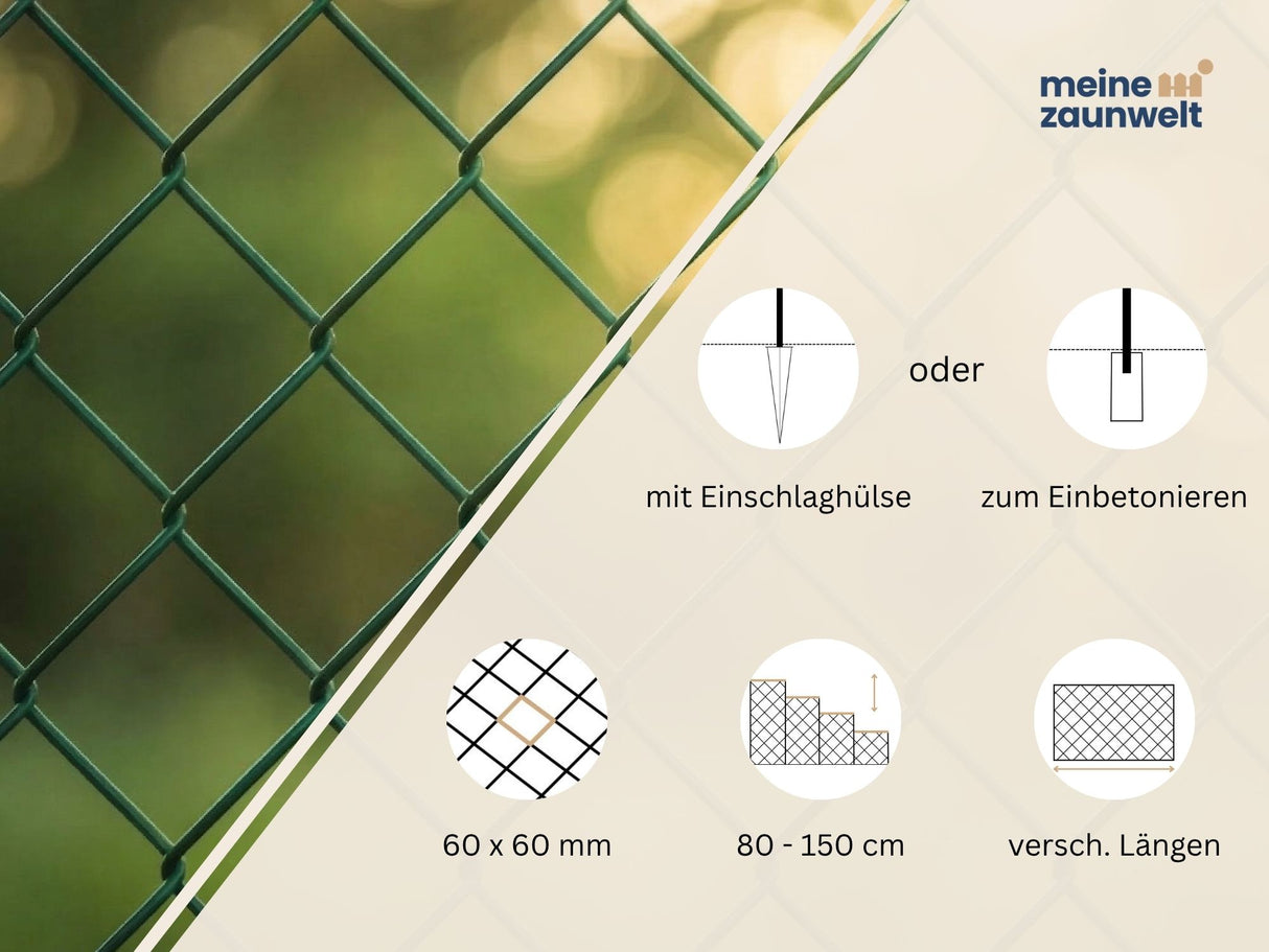 Informationen über Maschenweite, Montagearten, Höhen und Längen für ein Maschendrahtset in Grün