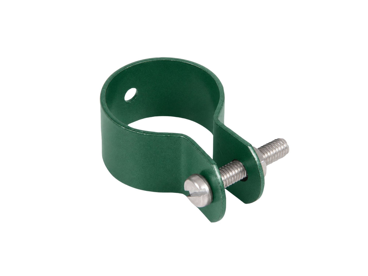 Eine grüne Pfostenschelle für einen Maschendrahtzaun mit einem Durchmesser von 60mm