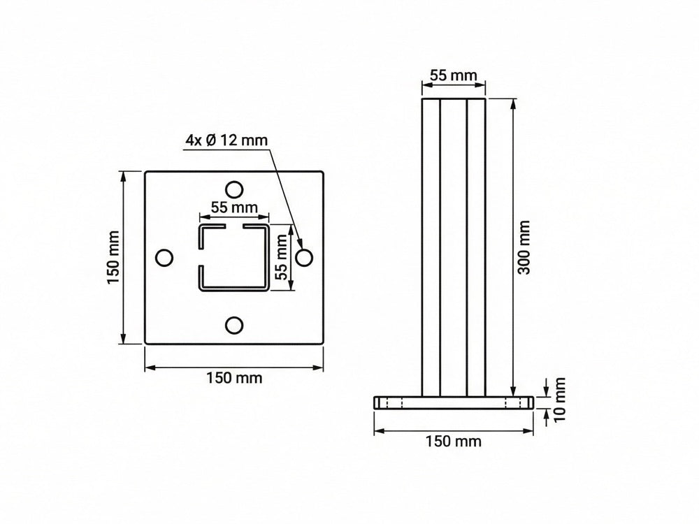 Technische Skizze der Fußplatte für Eck-Zaunpfosten 60x60 mm eines Doppelstabmattenzauns.