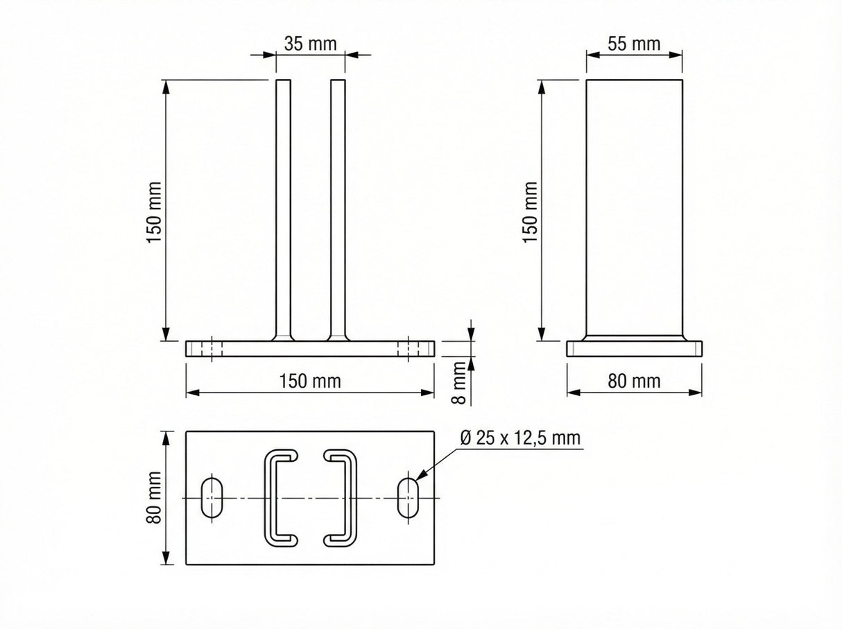 Technische Skizze mit allen Maßen der fussplatte 150x80 mm.