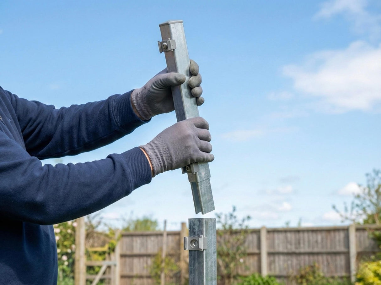Pfostenverlängerung wird mit dem Adapter in bestehenden Zaunpfosten eingeschoben von einer Person.