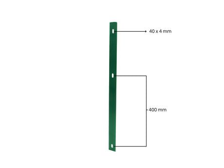 Detailansicht von einer Abdeckleiste für Doppelstabmattenzaun. Für verschiedene Zaunhöhen von 80 - 200 cm. Genaue Anzeige der Lochbohrung 40 x 4mm und des Lochabstand von 400 mm