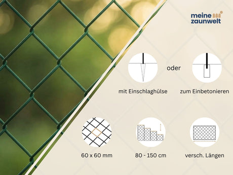 Informationen über Maschenweite, Montagearten, Höhen und Längen für ein Maschendrahtset in Grün