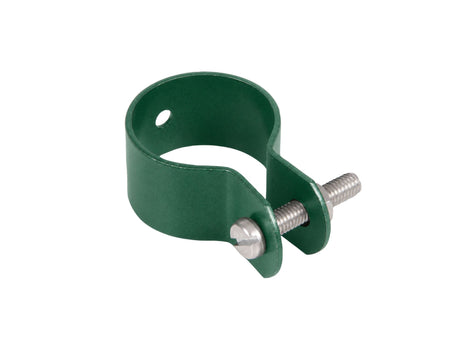 Eine grüne Pfostenschelle für einen Maschendrahtzaun mit einem Durchmesser von 60mm
