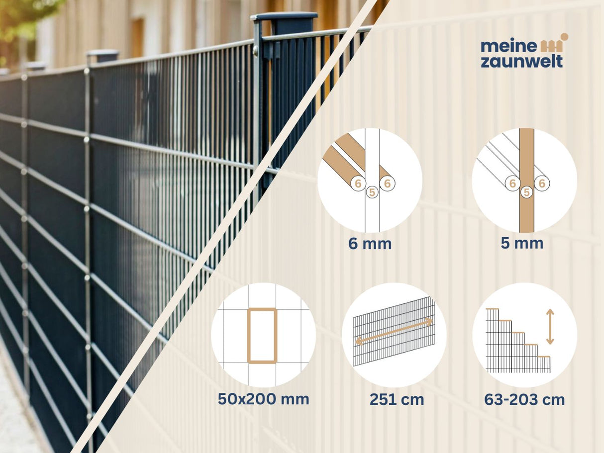Doppelstabmattenzaun 6/5/6 | Breite 251 cm | Metall