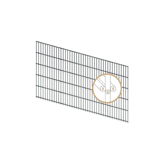 Produktbild einer Doppelstabmatte in der Ausführung 8/6/8 für einen verzinkten Doppelstabmattenzaun aus Metall.