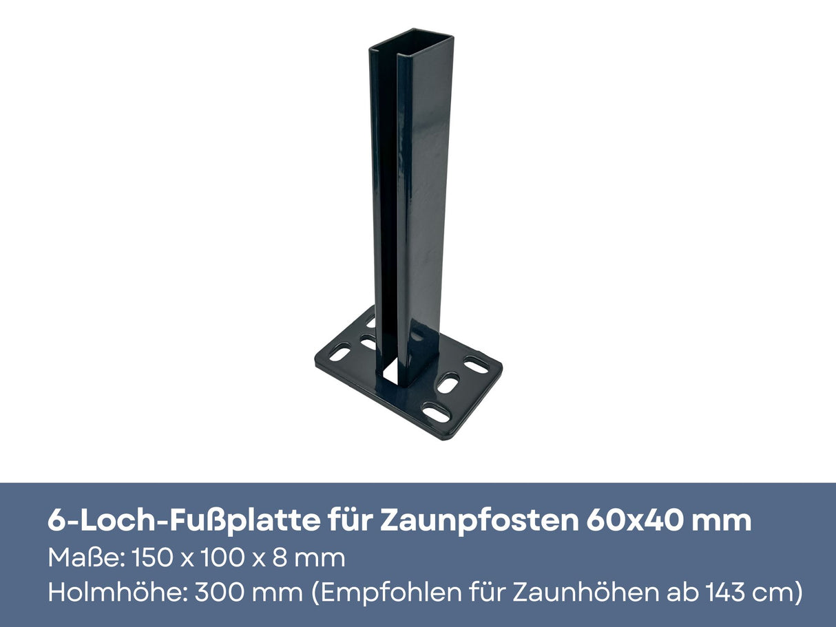 6-Loch-Fußplatte für Zaunpfosten 60x40 mm mit einer Holmhöhe von 300 mm in der Farbe Anthrazit.