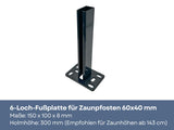 6-Loch-Fußplatte für Zaunpfosten 60x40 mm mit einer Holmhöhe von 300 mm in der Farbe Anthrazit.