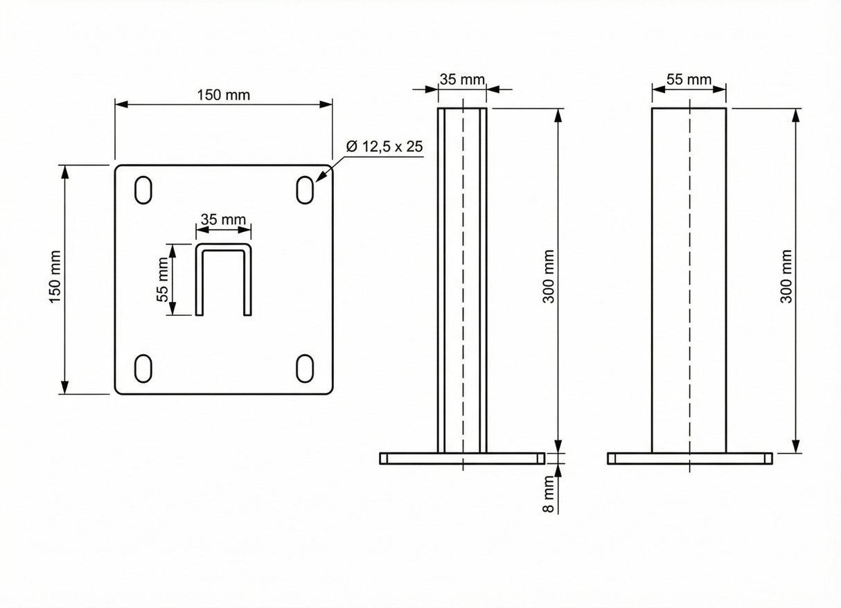 Skizze mit Maßen der Fußplatte für Zaunpfosten 60x40 mm zum Aufschrauben mit einer Grundplatte von 15x15 cm.
