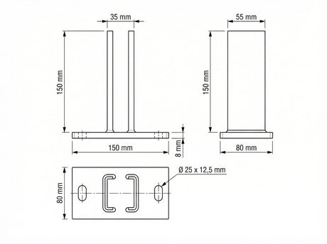 Technische Skizze mit allen Maßen der fussplatte 150x80 mm.