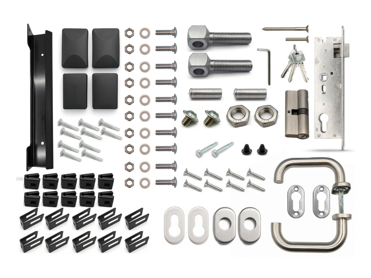 Kompletter Lieferumfang Gartentor Anthrazit mit Schließzylinder Edelstahldrücker und Zaunanschlüssen