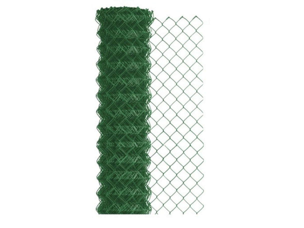 Ein Produktbild mit einer aufgewickelte Rolle mit Maschendraht in der Farbe gruen.