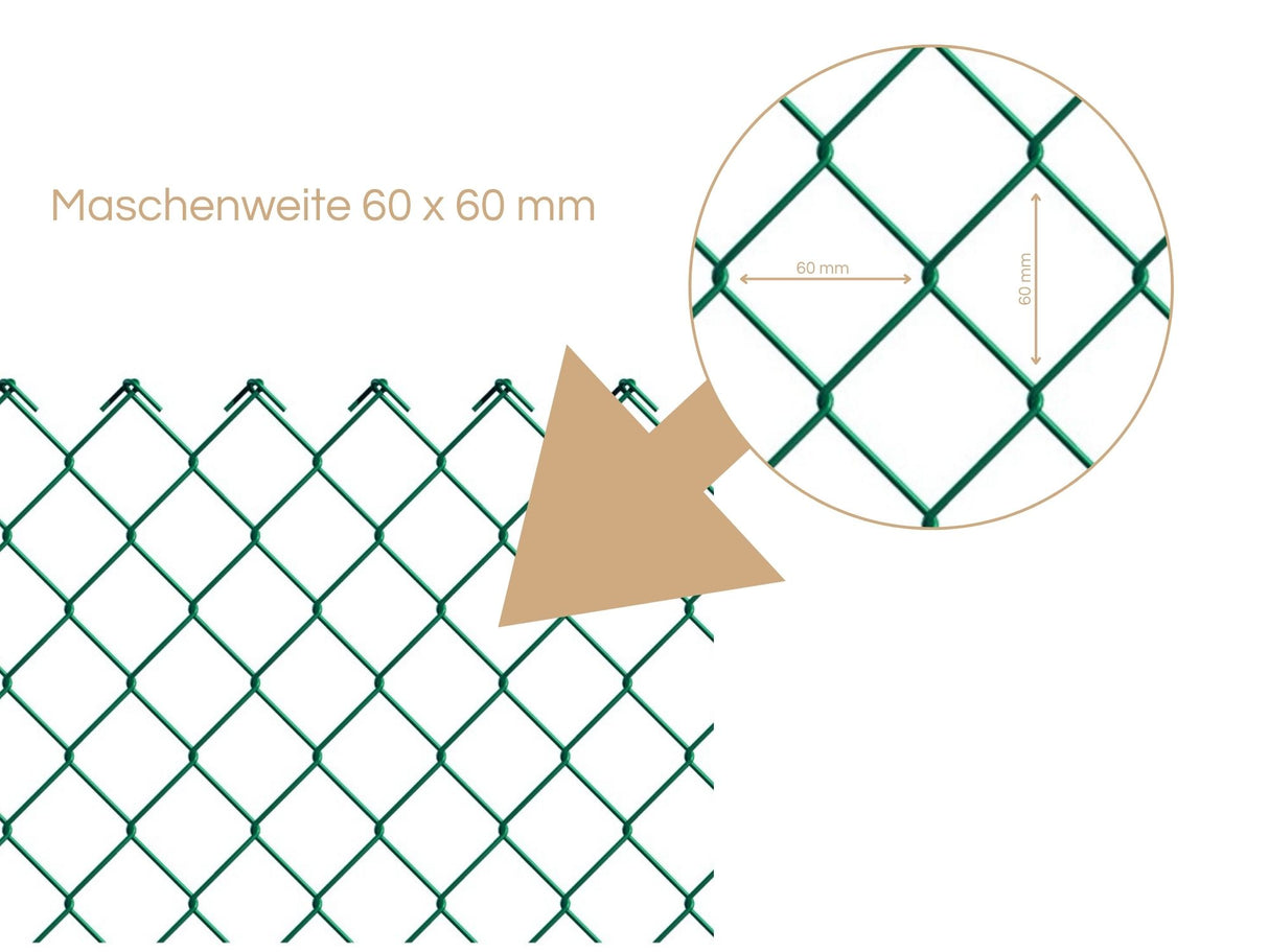Eine Nahaufnahme von einem Maschendrahtzaun in gruen, die die Maschenweite von 60 mm mal 60 mm zeigt.