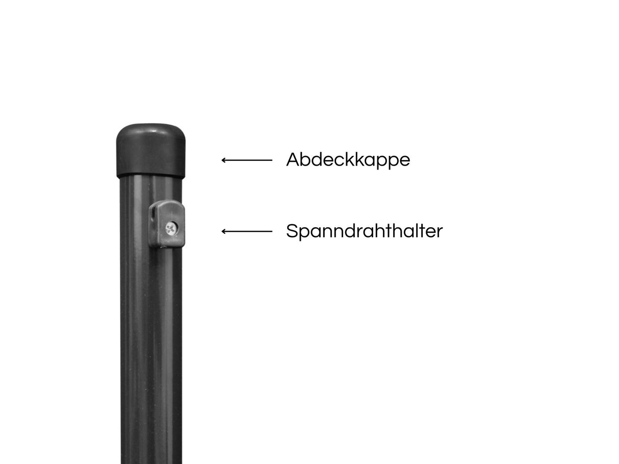 Ein Pfosten in anthrazit mit Erklärung, wo die Abdeckkappe ist und wo der Spanndrahthalter.