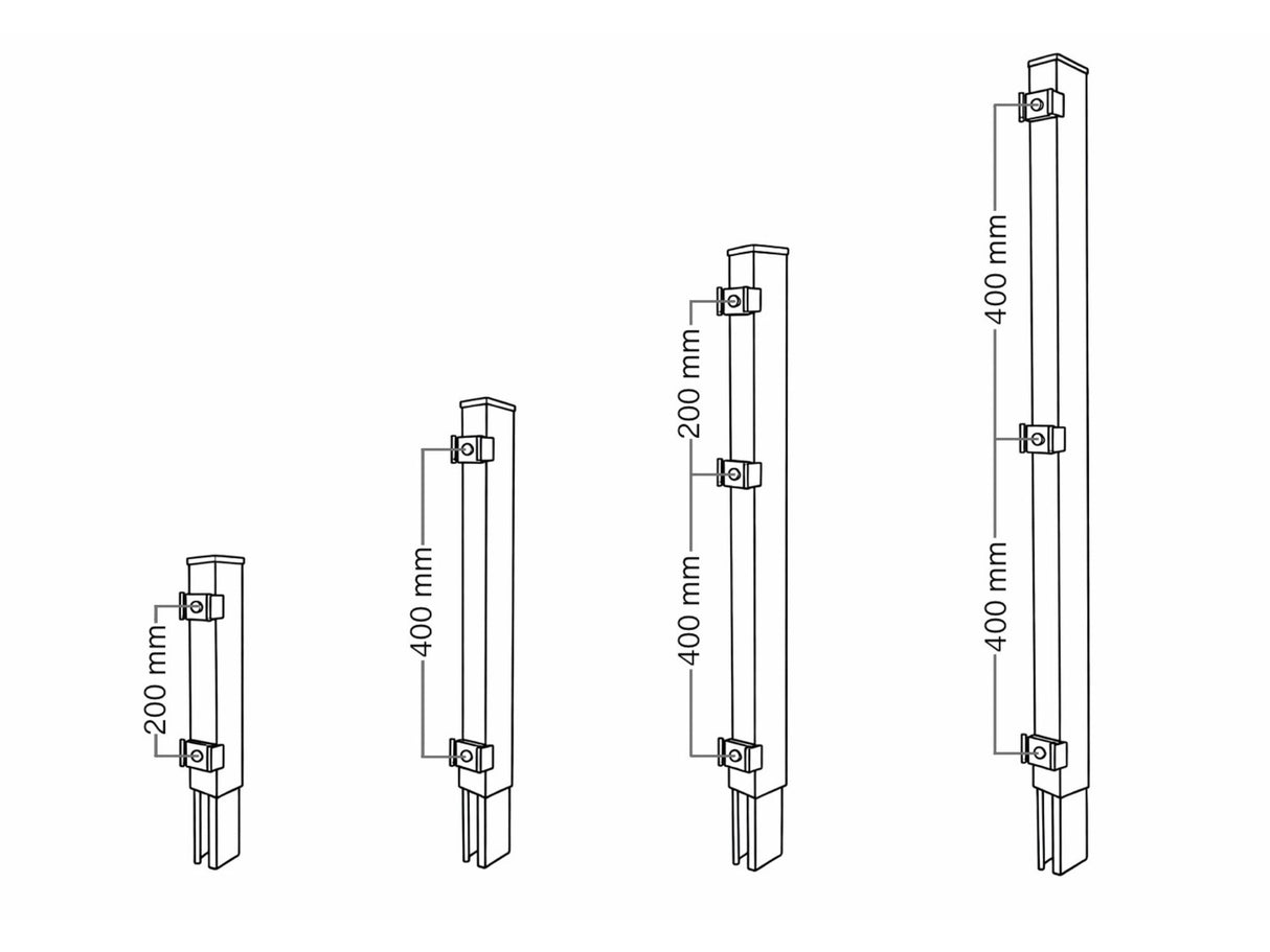 Technische Skizze der Pfostenverlängerung 60x40 mit Bohrabständen für Höhen von 200 mm bis 800 mm.