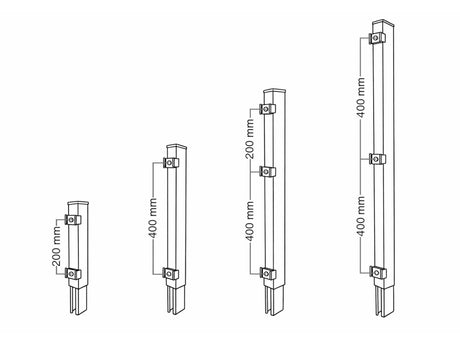 Technische Skizze der Pfostenverlängerung 60x40 mit Bohrabständen für Höhen von 200 mm bis 800 mm.