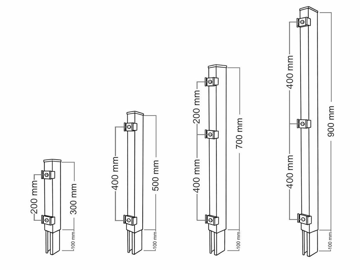 Technische Skizze der Pfostenverlängerung 60x40 mit Bohrabständen für Höhen von 200 mm bis 800 mm.
