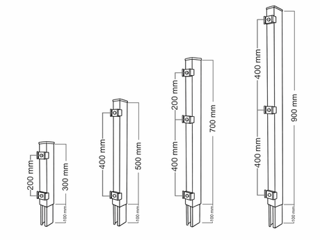 Technische Skizze der Pfostenverlängerung 60x40 mit Bohrabständen für Höhen von 200 mm bis 800 mm.