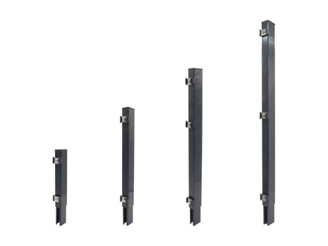 Unser Auswahl an Verlängerungen von Zaunpfosten in Anthrazit mit einem passenden Adapter zum einschieben in den bestehenden Zaunpfosten.