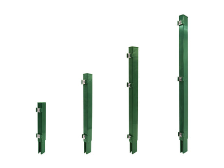 Übersicht aller moosgrünen Pfostenverlängerungen (RAL 6005) in den Ausführungen 20 cm bis 80 cm.