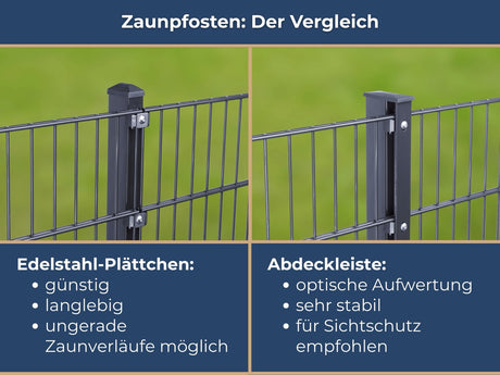Gegenüberstellung im Zaunplaner: Zaunpfosten mit Edelstahl-Plättchen vs. Modell mit Abdeckleiste inklusive der jeweiligen Montage-Vorteile im Überblick.