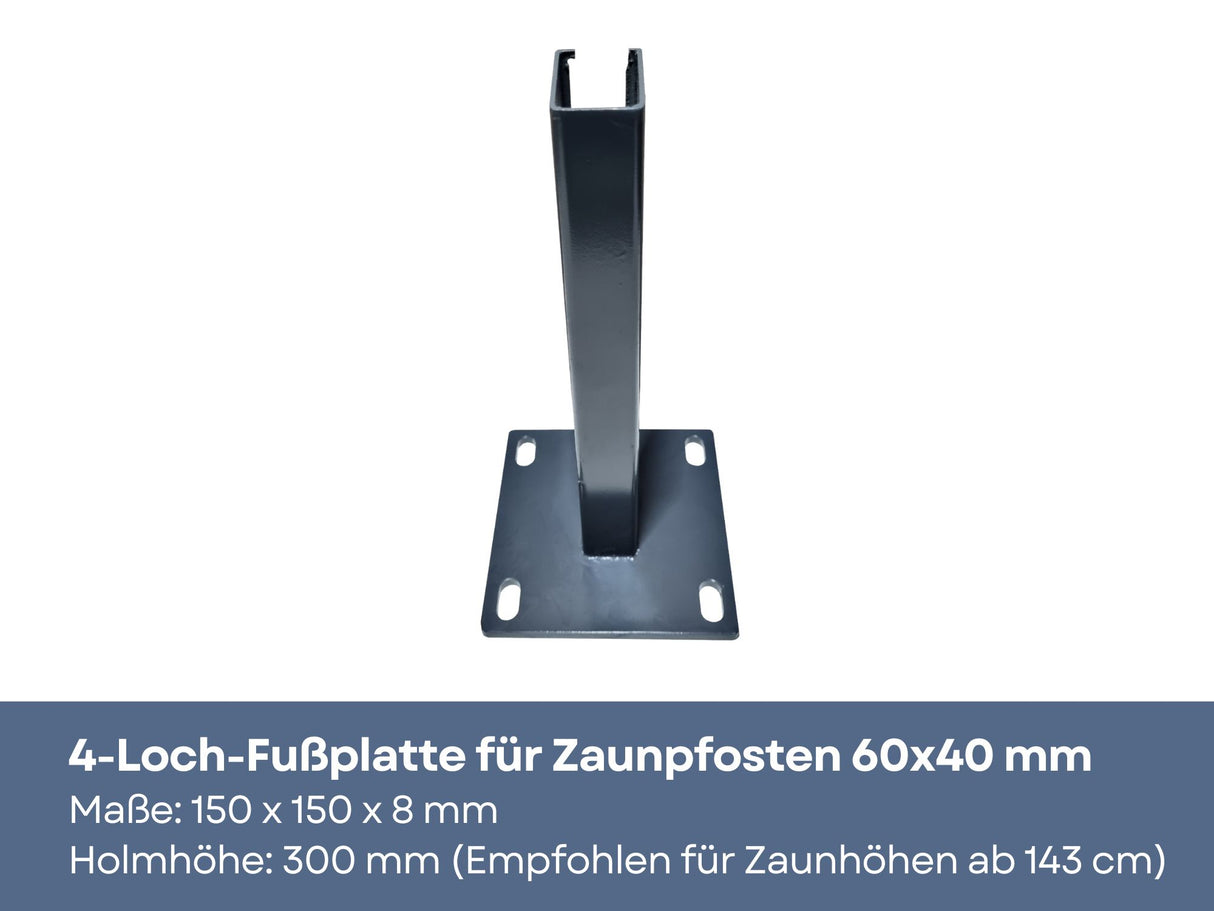 4-Loch-Fußplatte für Zaunpfosten 60x40 mm in Anthrazit.