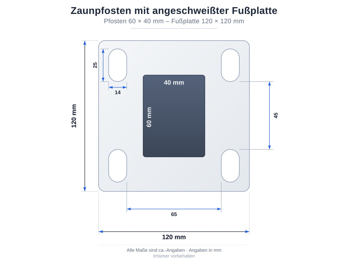 Skizze mit allen Maßen der Fußplatte. Die Bodenplatte/Fußplatte ist bei diesem Produkt direkt an dem Zaunpfosten angeschweißt.